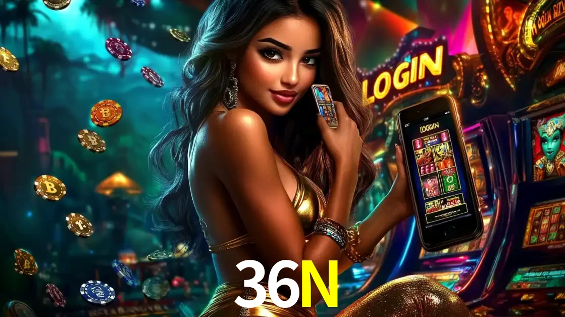 Mulher em um cenário de cassino temático de aventura, mostrando o app de caça-níqueis da 36N no celular. Fichas de apostas flutuam ao redor.