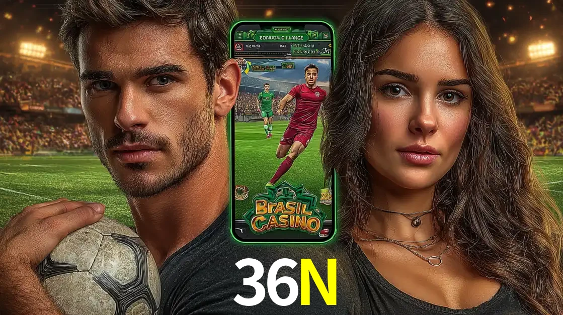 Homem segurando uma bola de futebol e uma mulher ao lado de um smartphone exibindo o jogo de apostas esportivas da 36N. Faça seu palpite no cassino online.